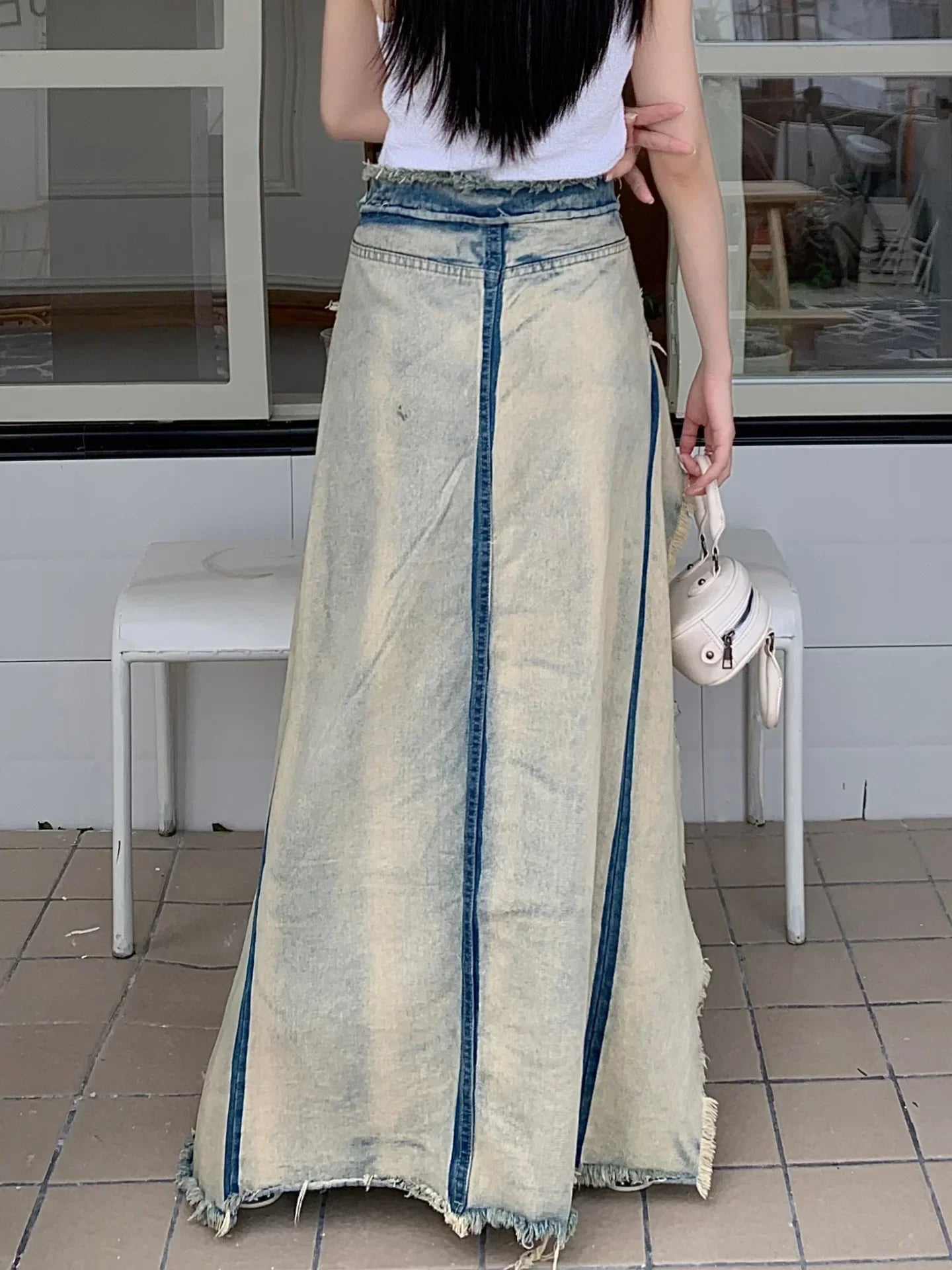 Washed Old Split Denim Medium and Long Skirt Women's High Waist Loose and Thin A Word Burr Edge Long Skirt Tide