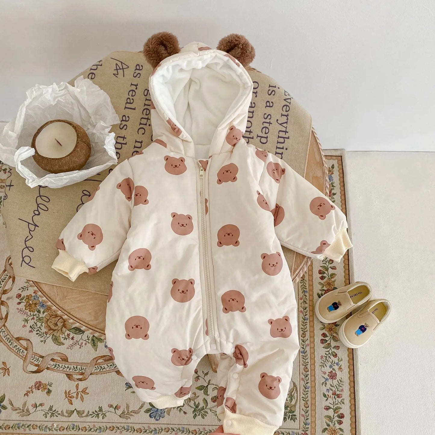 2024 winter velvet warm bear print hooded long climbing cotton onesie infant children boys and girls long climbing clothes