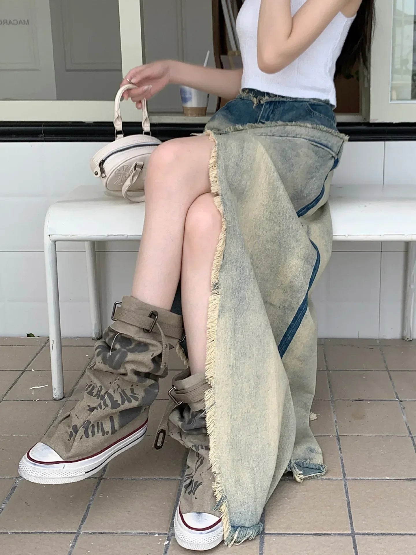 Washed Old Split Denim Medium and Long Skirt Women's High Waist Loose and Thin A Word Burr Edge Long Skirt Tide