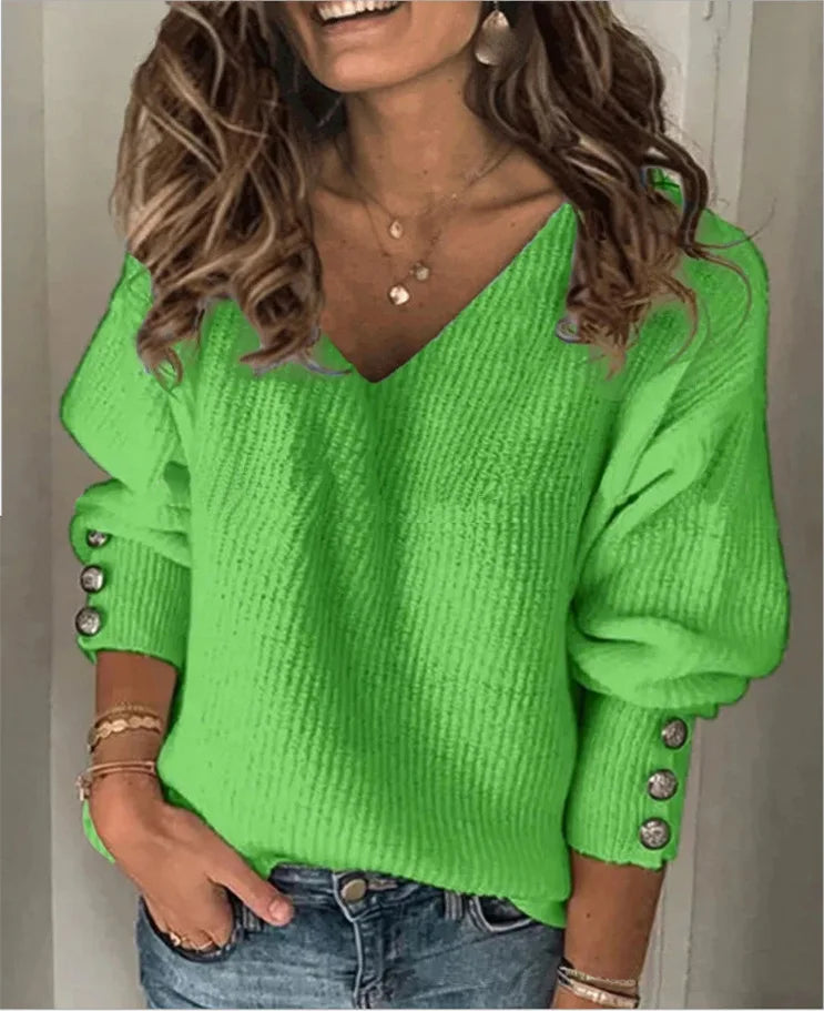 Autumn and winter new fashion women's clothing Amazon popular solid color versatile knitted V-neck loose long-sleeved T-shirt