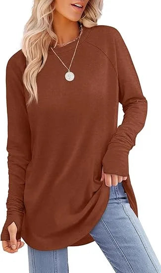 Women's Round Neck Solid Color Finger Long-sleeved Top Loose Medium and Long Bottoming Shirt