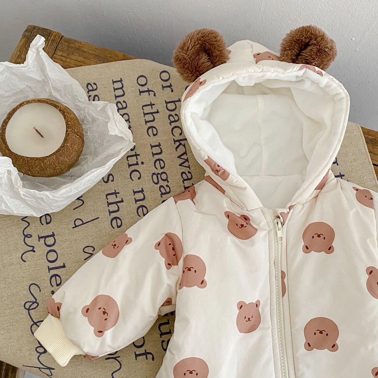 2024 winter velvet warm bear print hooded long climbing cotton onesie infant children boys and girls long climbing clothes