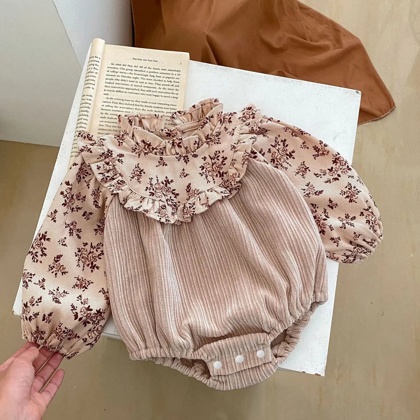 2024 Autumn Infants Children Girls Corduroy Printing Splicing Long Sleeve Romper Climbing Jumpsuit