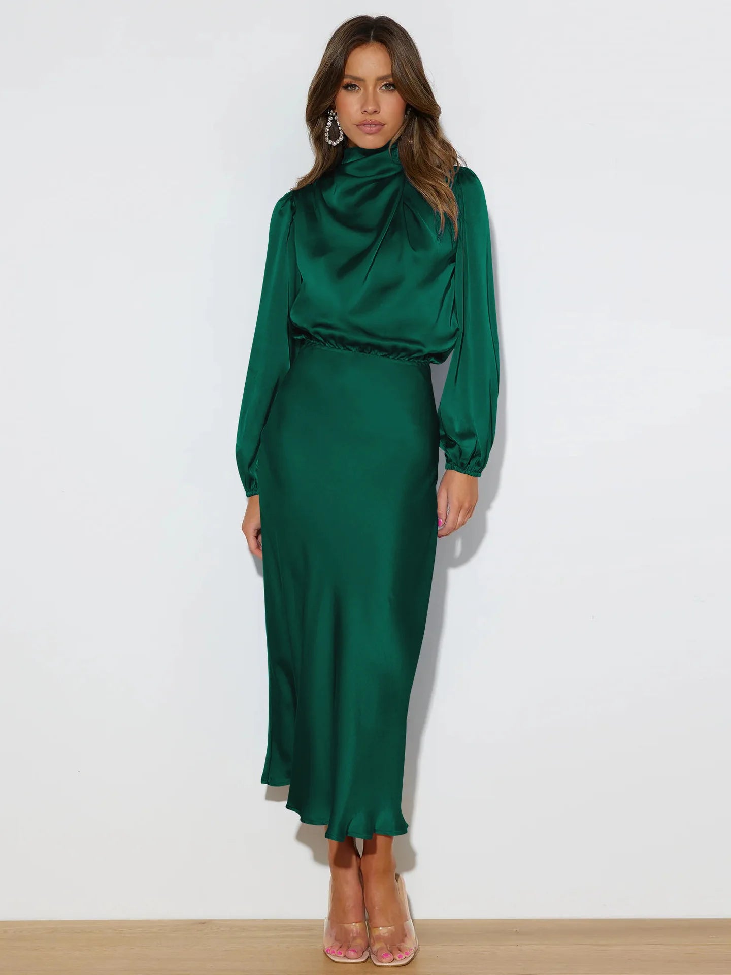 Autumn New High-end Satin Long-sleeved Loose Dress Temperament Elegant Women's Evening Dress