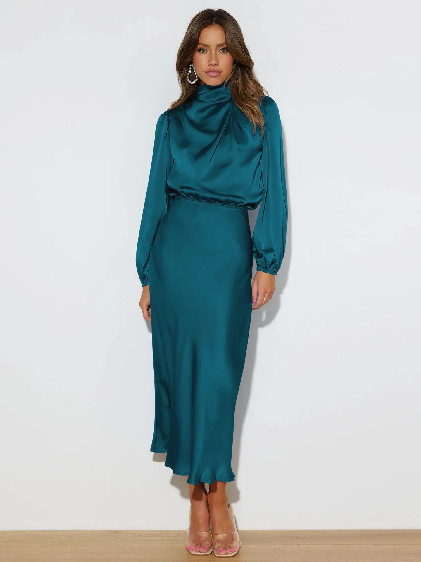 Autumn New High-end Satin Long-sleeved Loose Dress Temperament Elegant Women's Evening Dress