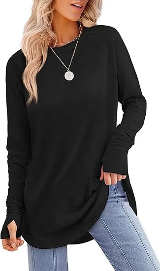 Women's Round Neck Solid Color Finger Long-sleeved Top Loose Medium and Long Bottoming Shirt
