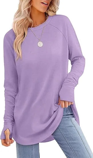 Women's Round Neck Solid Color Finger Long-sleeved Top Loose Medium and Long Bottoming Shirt