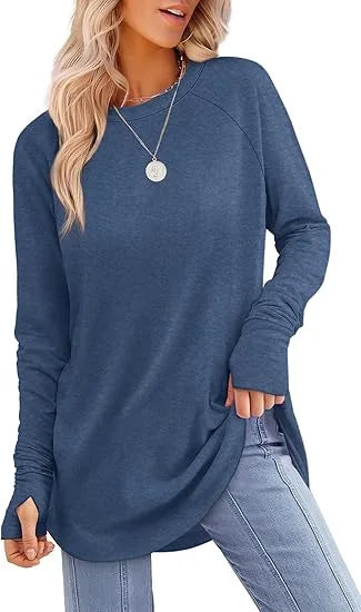 Women's Round Neck Solid Color Finger Long-sleeved Top Loose Medium and Long Bottoming Shirt