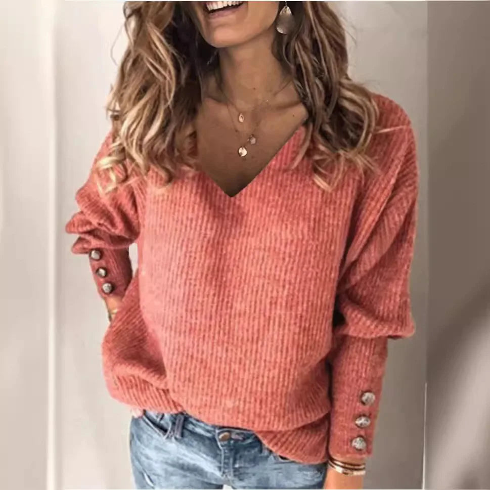 Autumn and winter new fashion women's clothing Amazon popular solid color versatile knitted V-neck loose long-sleeved T-shirt