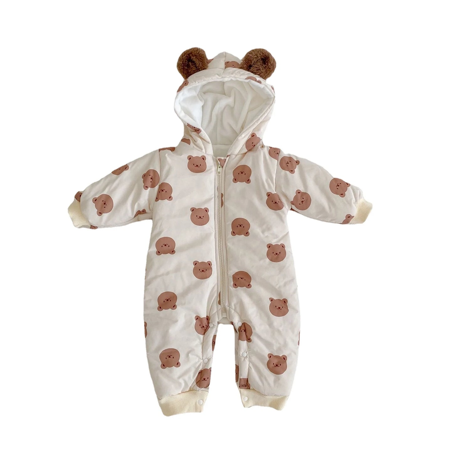 2024 winter velvet warm bear print hooded long climbing cotton onesie infant children boys and girls long climbing clothes
