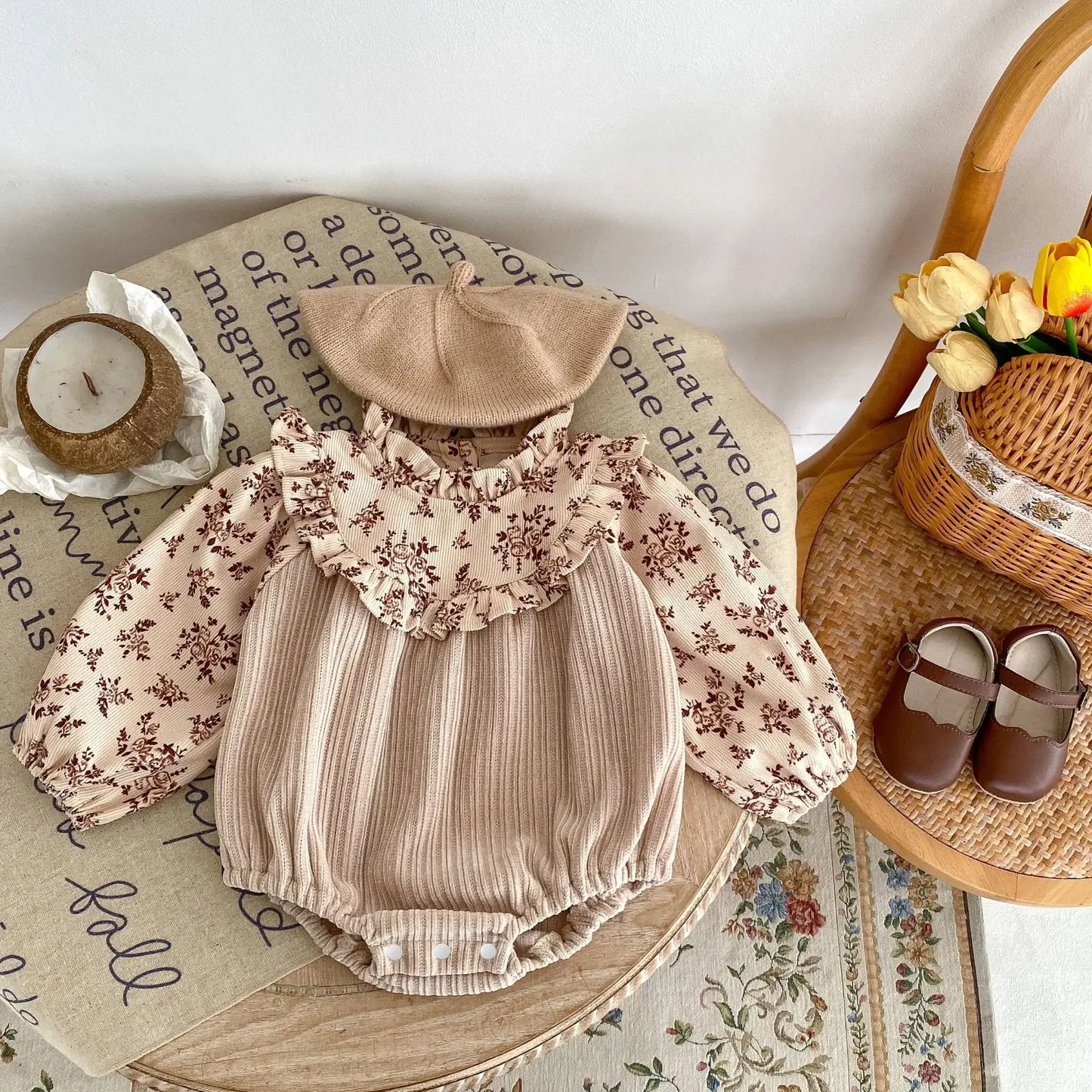2024 Autumn Infants Children Girls Corduroy Printing Splicing Long Sleeve Romper Climbing Jumpsuit