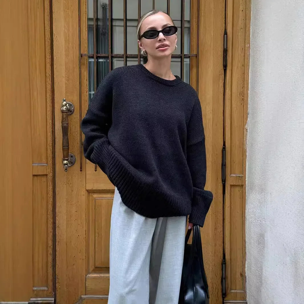 Crew neck sweater 2024 autumn and winter new solid color versatile casual lazy pullover knitted crew neck sweater