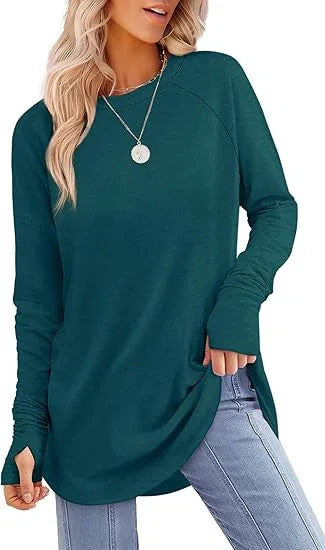 Women's Round Neck Solid Color Finger Long-sleeved Top Loose Medium and Long Bottoming Shirt