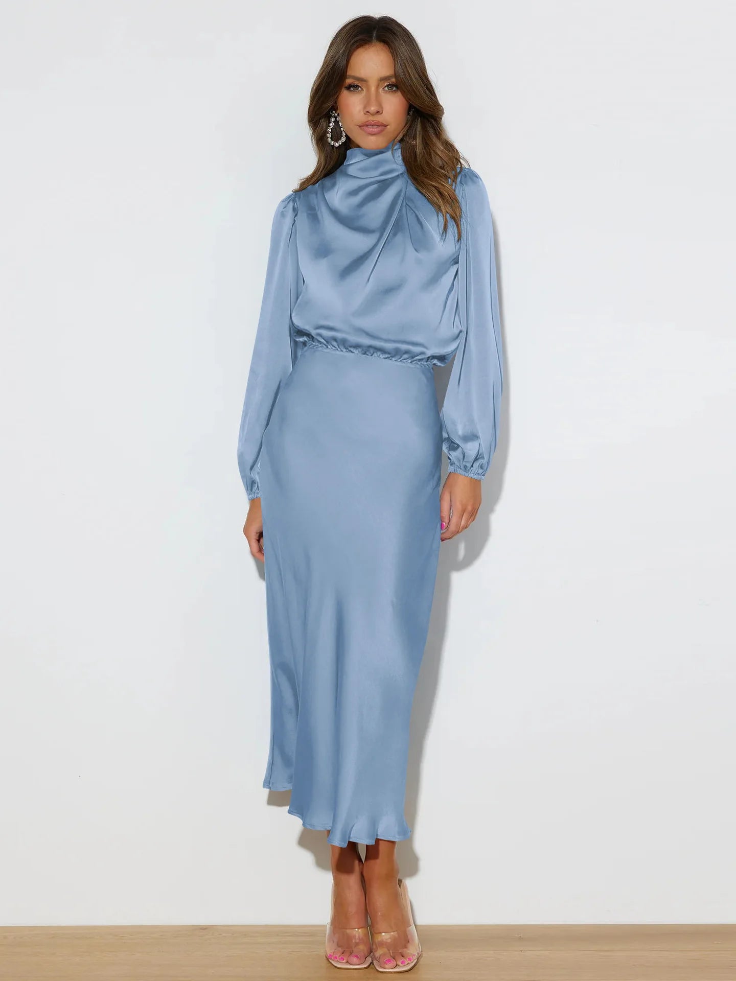 Autumn New High-end Satin Long-sleeved Loose Dress Temperament Elegant Women's Evening Dress
