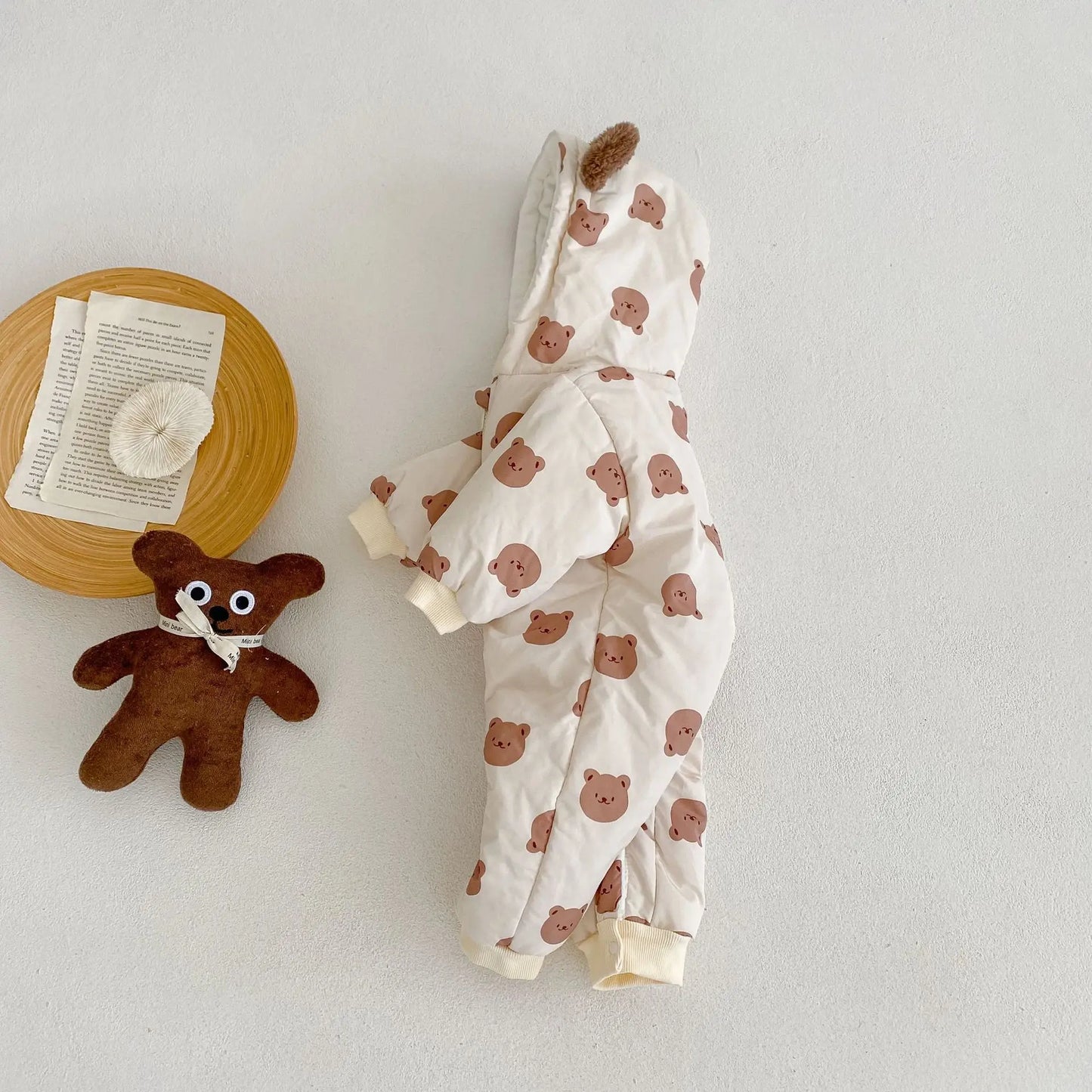 2024 winter velvet warm bear print hooded long climbing cotton onesie infant children boys and girls long climbing clothes