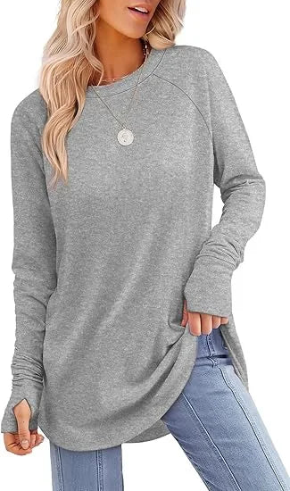 Women's Round Neck Solid Color Finger Long-sleeved Top Loose Medium and Long Bottoming Shirt