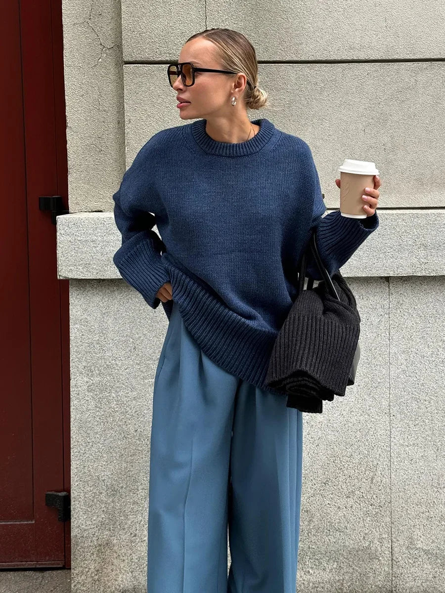 Crew neck sweater 2024 autumn and winter new solid color versatile casual lazy pullover knitted crew neck sweater