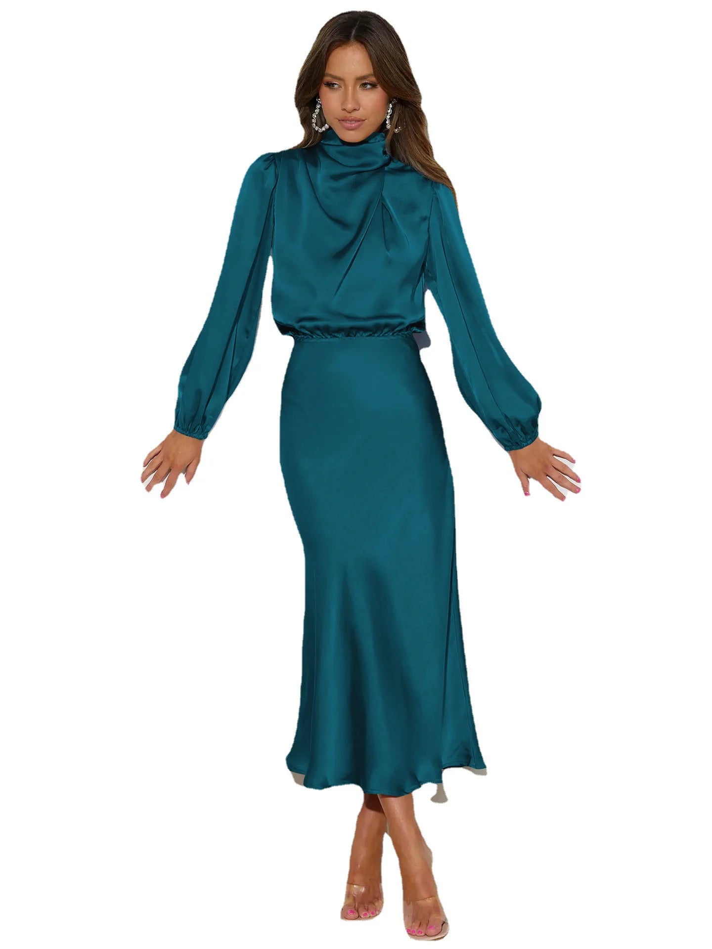 Autumn New High-end Satin Long-sleeved Loose Dress Temperament Elegant Women's Evening Dress