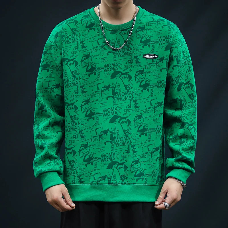 Couple Sweater Men's Loose Autumn and Winter New Design Trendy Brand Full of Printed Tops Men