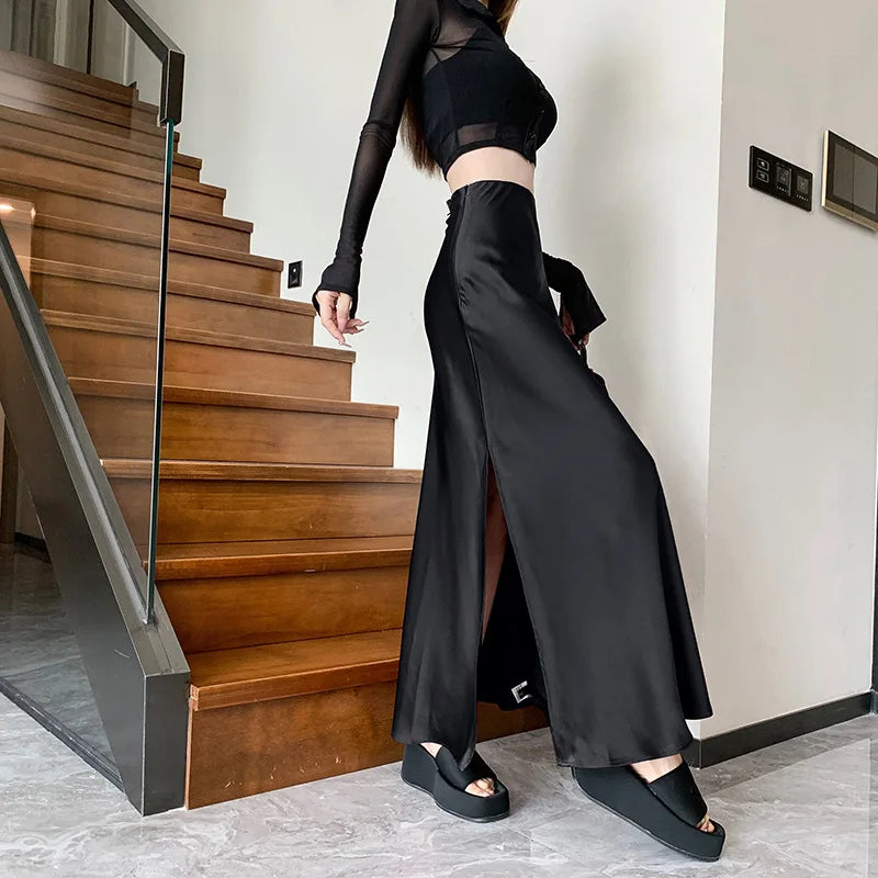 Burgundy Satin Skirt Women's Autumn Dress High Waist Thin Medium and Long Skirt Ruffle Edge Split Hip A-shaped Skirt