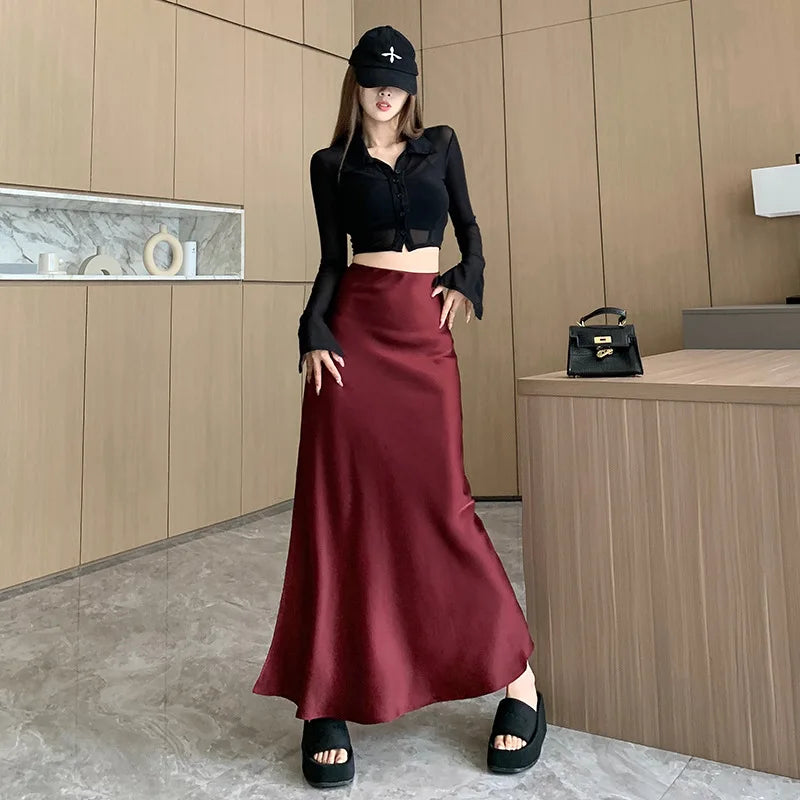 Burgundy Satin Skirt Women's Autumn Dress High Waist Thin Medium and Long Skirt Ruffle Edge Split Hip A-shaped Skirt