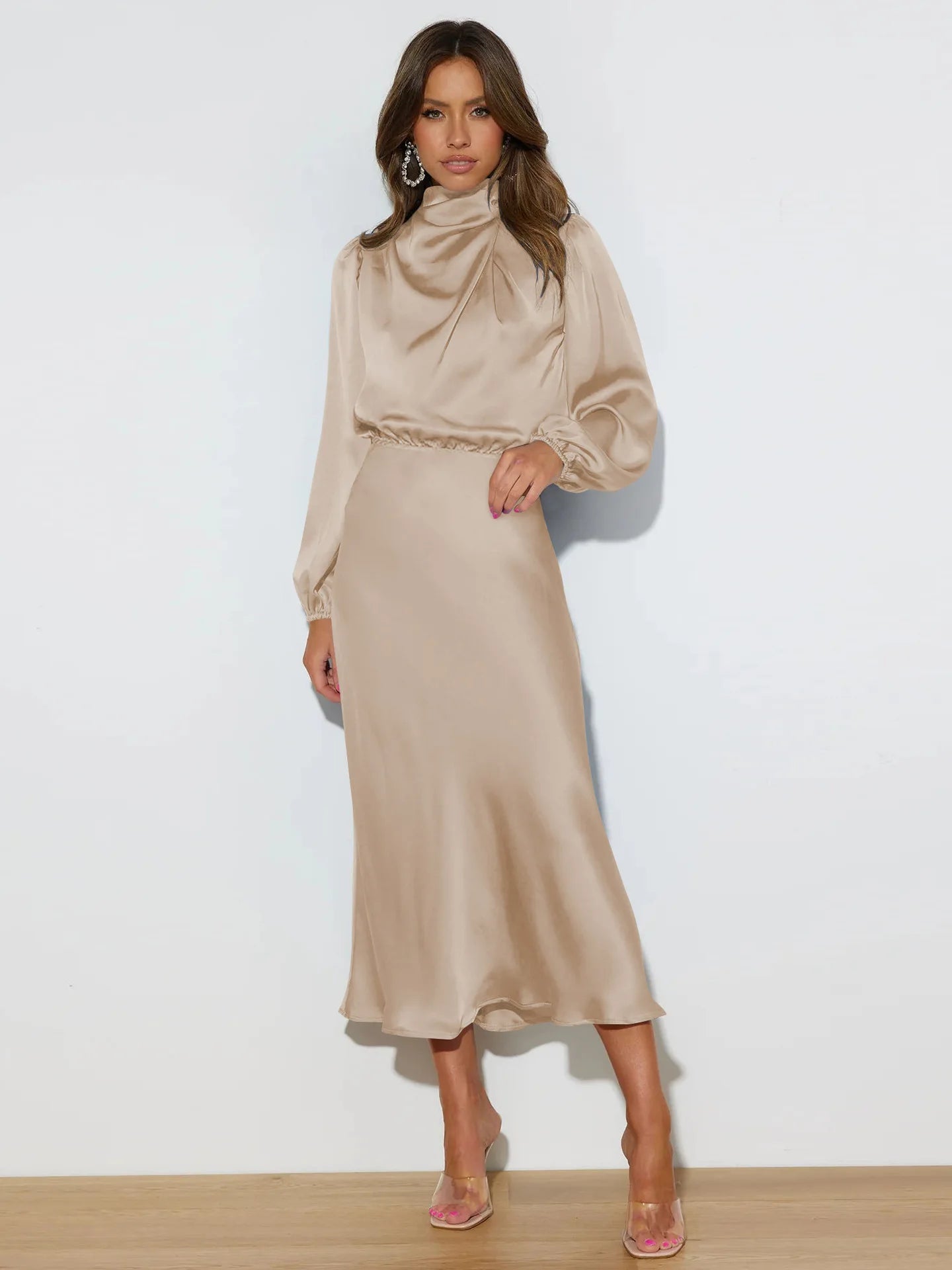 Autumn New High-end Satin Long-sleeved Loose Dress Temperament Elegant Women's Evening Dress