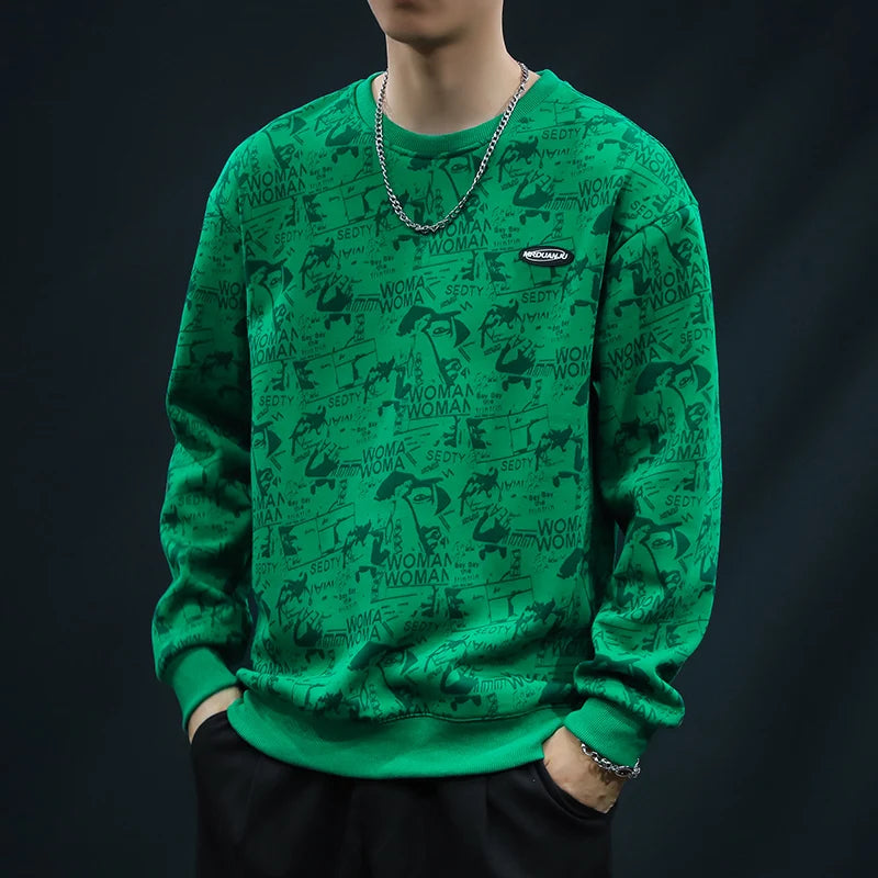Couple Sweater Men's Loose Autumn and Winter New Design Trendy Brand Full of Printed Tops Men