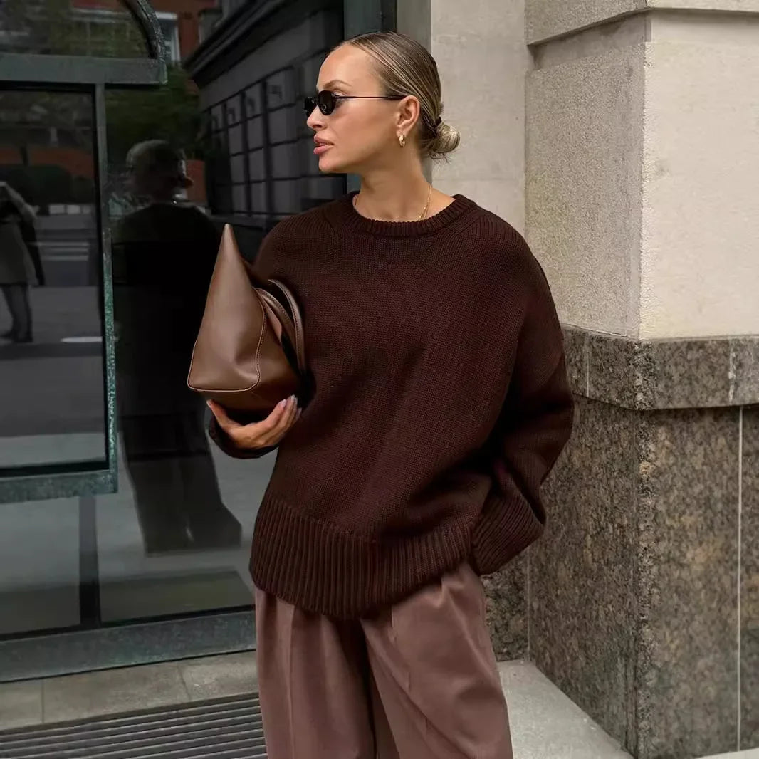 Crew neck sweater 2024 autumn and winter new solid color versatile casual lazy pullover knitted crew neck sweater