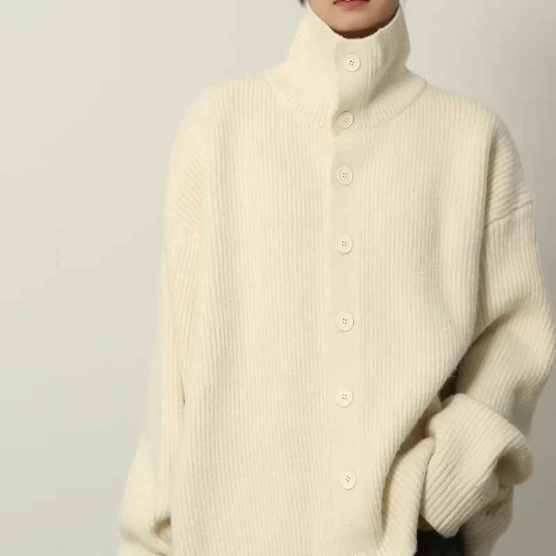 Women's Grey Turtleneck Sweater Women's Autumn and Winter New Loose Lazy Wind Lapel Knitted Cardigan Top Jacket
