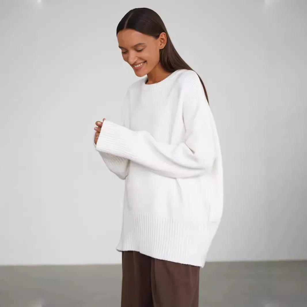 Crew neck sweater 2024 autumn and winter new solid color versatile casual lazy pullover knitted crew neck sweater