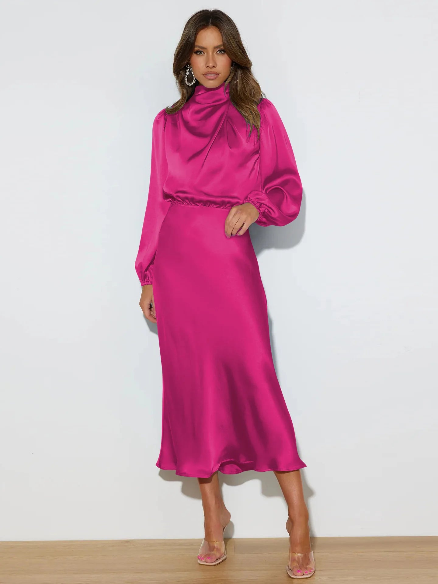 Autumn New High-end Satin Long-sleeved Loose Dress Temperament Elegant Women's Evening Dress
