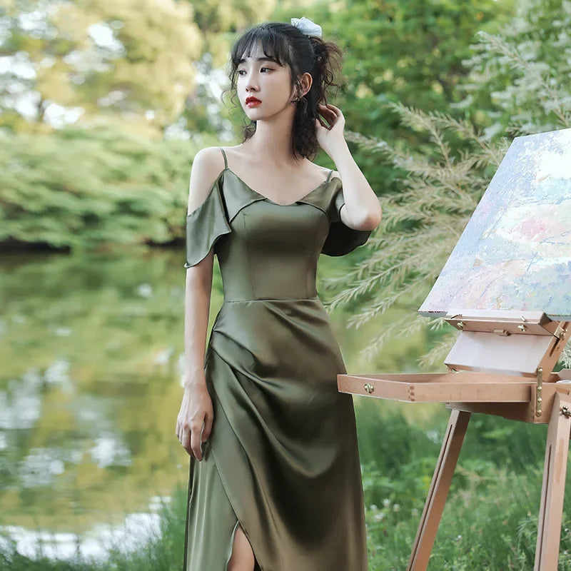 Bridesmaid Dress Girlfriend Group Summer New Satin Long Sisters Temperament Mori Celebrity Banquet Bridesmaid Dress