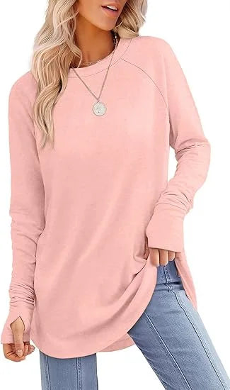 Women's Round Neck Solid Color Finger Long-sleeved Top Loose Medium and Long Bottoming Shirt