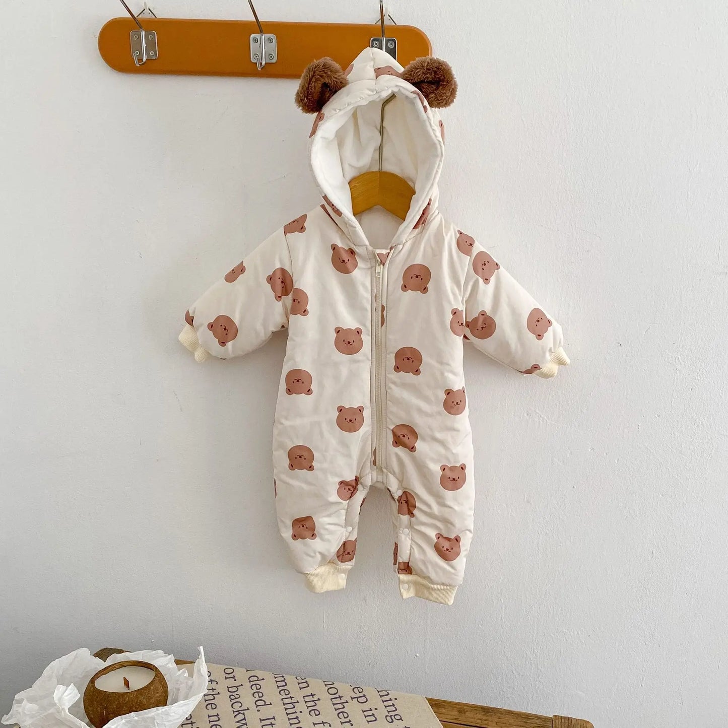 2024 winter velvet warm bear print hooded long climbing cotton onesie infant children boys and girls long climbing clothes