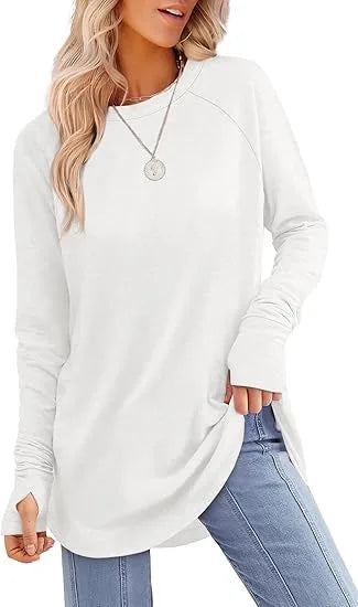 Women's Round Neck Solid Color Finger Long-sleeved Top Loose Medium and Long Bottoming Shirt