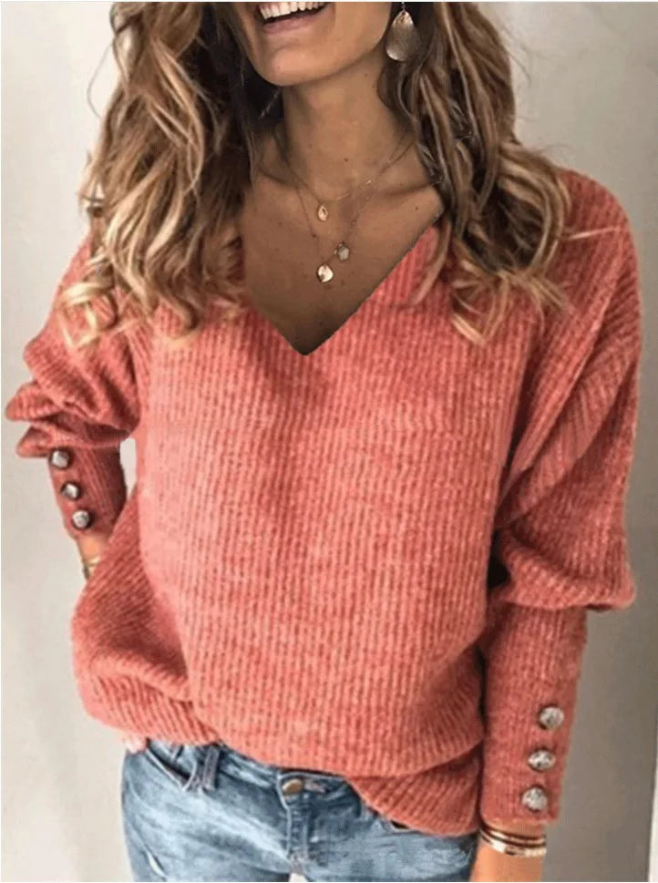 Autumn and winter new fashion women's clothing Amazon popular solid color versatile knitted V-neck loose long-sleeved T-shirt