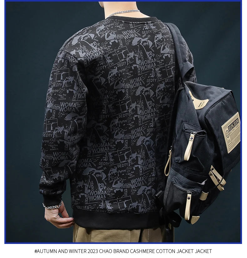 Couple Sweater Men's Loose Autumn and Winter New Design Trendy Brand Full of Printed Tops Men