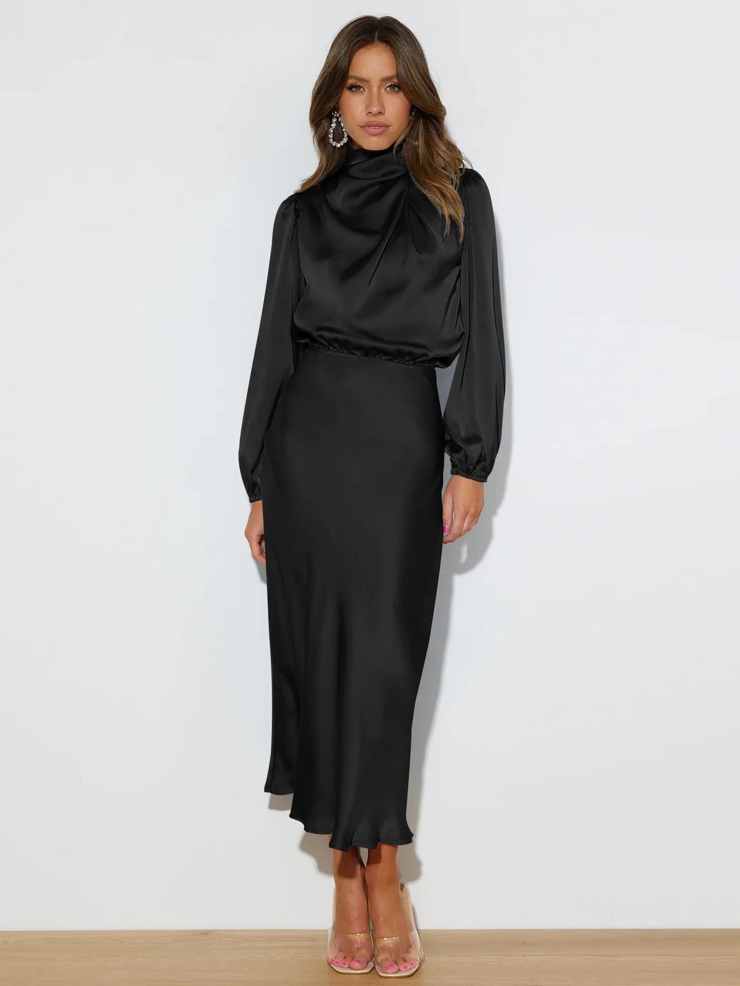 Autumn New High-end Satin Long-sleeved Loose Dress Temperament Elegant Women's Evening Dress
