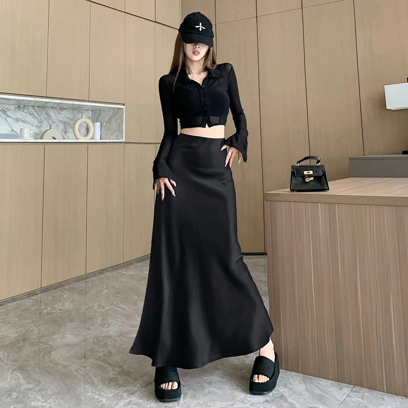 Burgundy Satin Skirt Women's Autumn Dress High Waist Thin Medium and Long Skirt Ruffle Edge Split Hip A-shaped Skirt