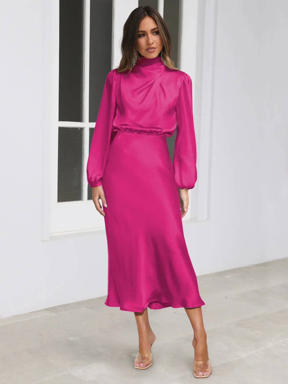 Autumn New High-end Satin Long-sleeved Loose Dress Temperament Elegant Women's Evening Dress
