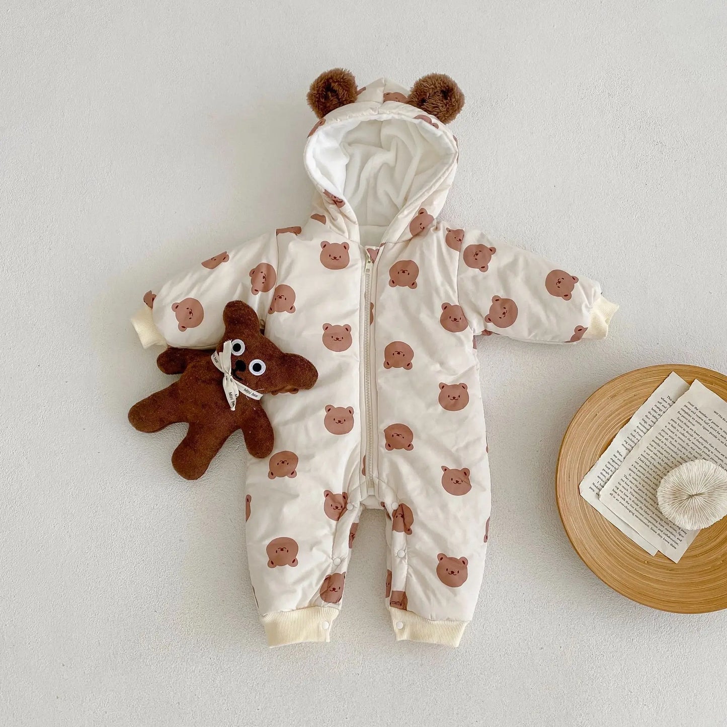2024 winter velvet warm bear print hooded long climbing cotton onesie infant children boys and girls long climbing clothes