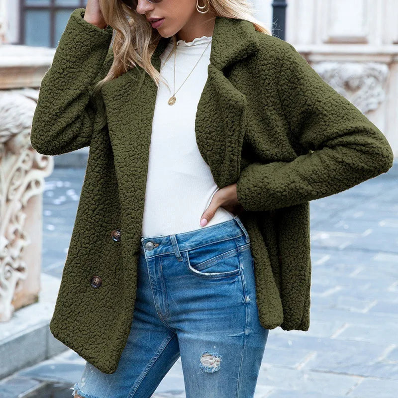 Autumn and Winter New Button-down Fluffy Jacket Lapel Loose Fleece Shirt