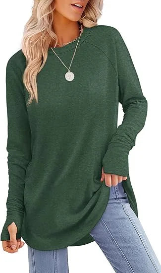 Women's Round Neck Solid Color Finger Long-sleeved Top Loose Medium and Long Bottoming Shirt