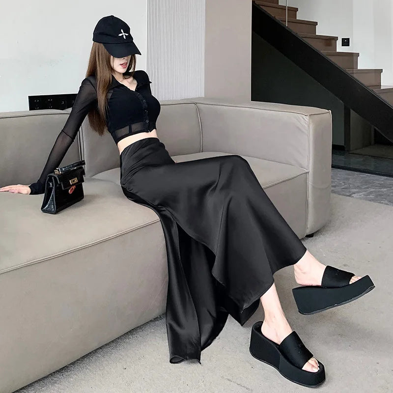 Burgundy Satin Skirt Women's Autumn Dress High Waist Thin Medium and Long Skirt Ruffle Edge Split Hip A-shaped Skirt