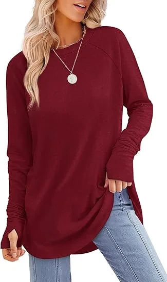 Women's Round Neck Solid Color Finger Long-sleeved Top Loose Medium and Long Bottoming Shirt