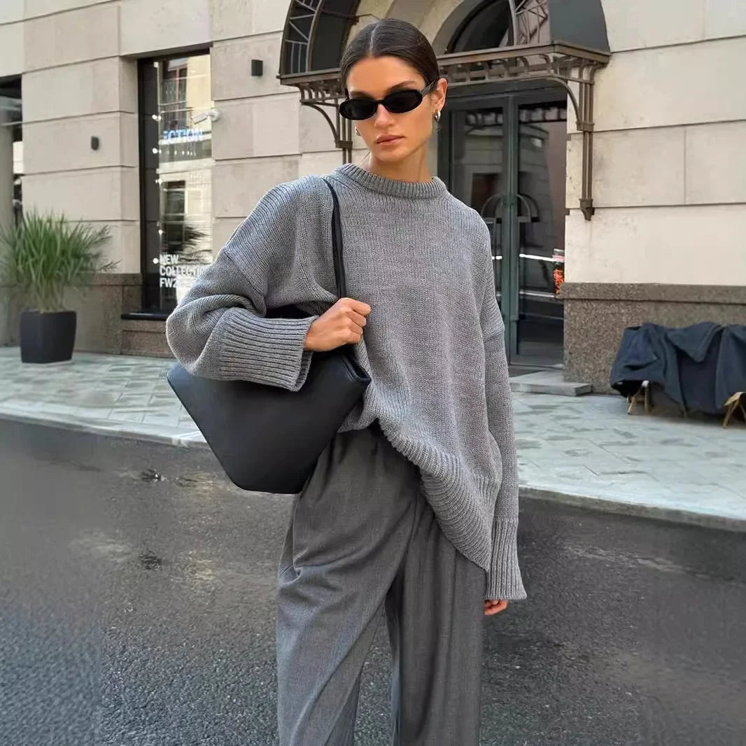 Crew neck sweater 2024 autumn and winter new solid color versatile casual lazy pullover knitted crew neck sweater
