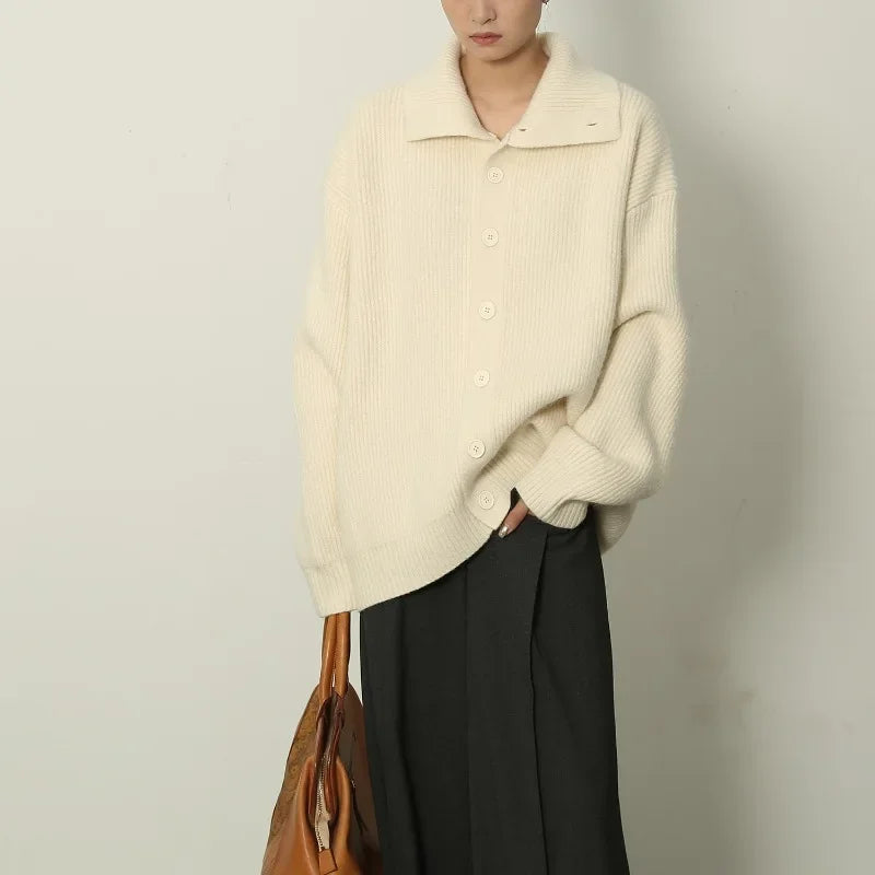 Women's Grey Turtleneck Sweater Women's Autumn and Winter New Loose Lazy Wind Lapel Knitted Cardigan Top Jacket
