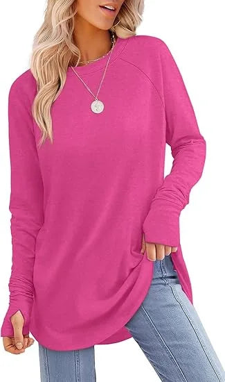 Women's Round Neck Solid Color Finger Long-sleeved Top Loose Medium and Long Bottoming Shirt
