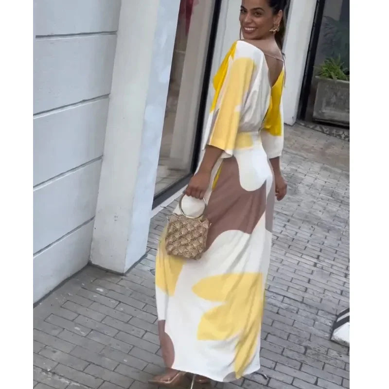 Women's Clothing Spring and Summer New Fashion Temperament V-neck High-waisted Printed Women's Long Dress