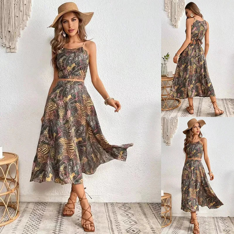 New Women's Summer Suspender Two-piece Printed Dress Long Dresses for Women